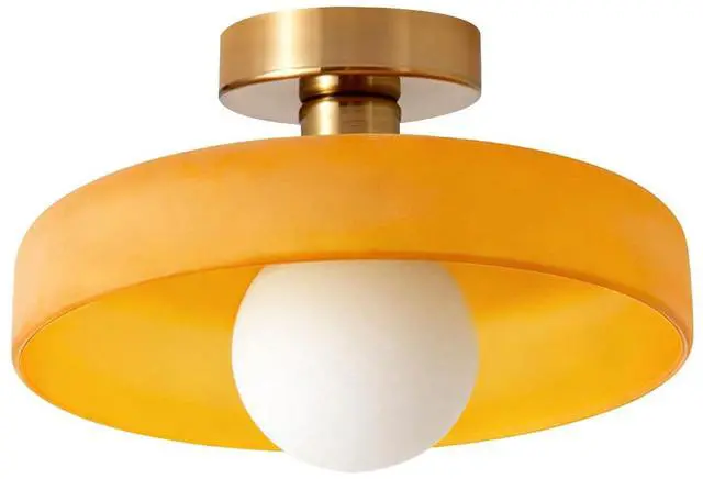 Main image of Brass Gold Semi Flush Mount Ceiling Light Fixture Vintage Glass Pendant Light Orange Dome Shade Bedroom Mid Century Modern Close to Ceiling Lights Hallway Overhead Lights Fixtures