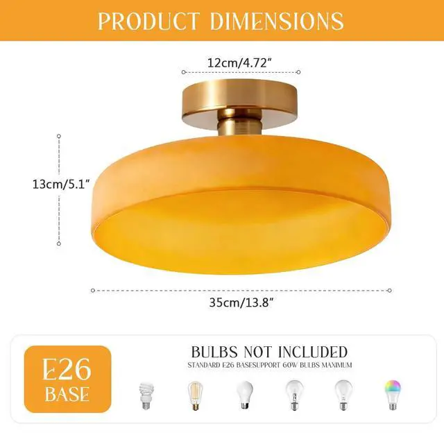Alt view image 2 of 7 - Brass Gold Semi Flush Mount Ceiling Light Fixture Vintage Glass Pendant Light Orange Dome Shade Bedroom Mid Century Modern Close to Ceiling Lights Hallway Overhead Lights Fixtures