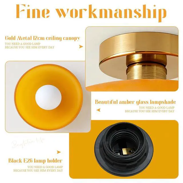 Alt view image 3 of 7 - Brass Gold Semi Flush Mount Ceiling Light Fixture Vintage Glass Pendant Light Orange Dome Shade Bedroom Mid Century Modern Close to Ceiling Lights Hallway Overhead Lights Fixtures