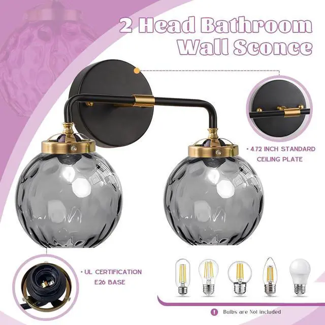 Alt view image 3 of 7 - 2 Light Mid Century Modern Wall Sconce,Globe Vanity Light Fixture Smoky Grey Glass Shade Vintage Bathroom Light Fixtures Black Porch Wall Light for Over Mirror Hallway Living Room