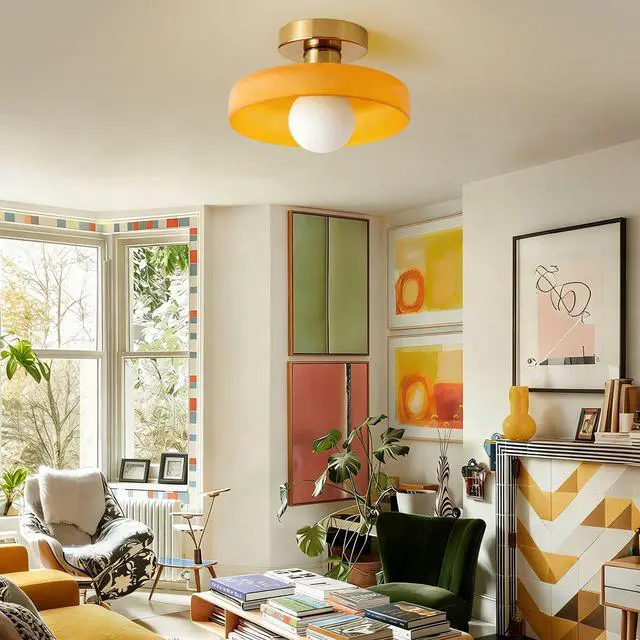 Alt view image 4 of 7 - Brass Gold Semi Flush Mount Ceiling Light Fixture Vintage Glass Pendant Light Orange Dome Shade Bedroom Mid Century Modern Close to Ceiling Lights Hallway Overhead Lights Fixtures