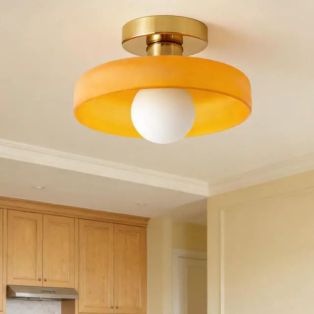 Alt view image 5 of 7 - Brass Gold Semi Flush Mount Ceiling Light Fixture Vintage Glass Pendant Light Orange Dome Shade Bedroom Mid Century Modern Close to Ceiling Lights Hallway Overhead Lights Fixtures