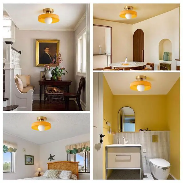 Alt view image 7 of 7 - Brass Gold Semi Flush Mount Ceiling Light Fixture Vintage Glass Pendant Light Orange Dome Shade Bedroom Mid Century Modern Close to Ceiling Lights Hallway Overhead Lights Fixtures