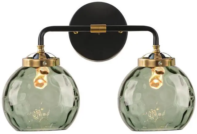 Main image of 2-Lights Mid Century Wall Light Green Glass Bathroom Vanity Lights Fixtures with Globe Textured Glass Shade Vintage Wall Sconce Black Vanity Lighting Fixture for Over Mirror Hallway