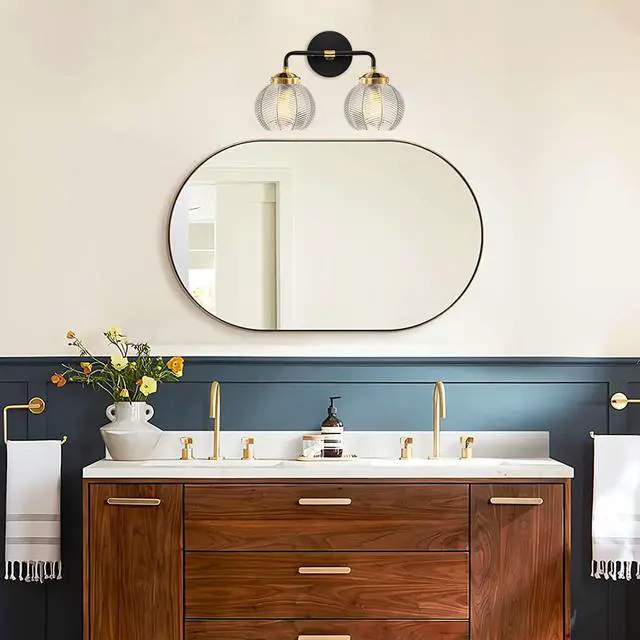 Alt view image 6 of 7 - 2 Light Bathroom Vanity Light Clear Glass Globe Wall Sconce Lights | Black Wall Mount Light with Ribbed Glass Shade, Mid Century Modern Style E26 Base for Over Mirror Bedroom Hallway Powder room