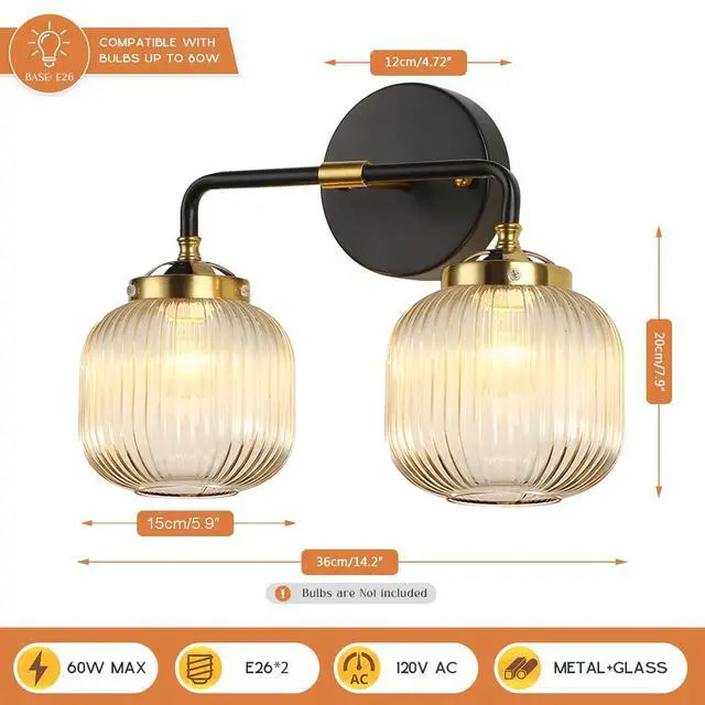 Alt view image 2 of 7 - Bathroom Lights fixtures Vanity Light for Bath Wall Sconce Industrial Modern Glass Vanity Lights 2 Lights Amber Light Fixture Farmhouse Wall Mount Lamp Mid Century Vintage Wall Lamp