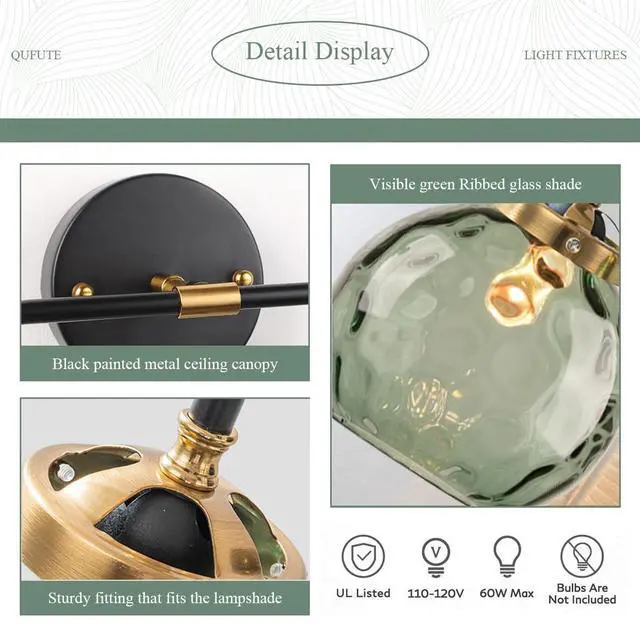 Alt view image 3 of 7 - 2-Lights Mid Century Wall Light Green Glass Bathroom Vanity Lights Fixtures with Globe Textured Glass Shade Vintage Wall Sconce Black Vanity Lighting Fixture for Over Mirror Hallway