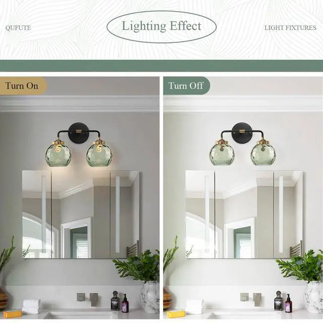 Alt view image 4 of 7 - 2-Lights Mid Century Wall Light Green Glass Bathroom Vanity Lights Fixtures with Globe Textured Glass Shade Vintage Wall Sconce Black Vanity Lighting Fixture for Over Mirror Hallway