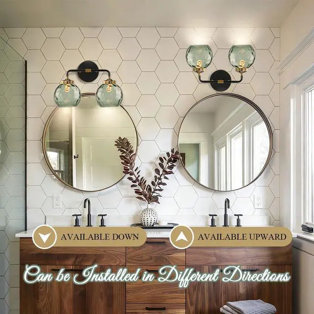 Alt view image 5 of 7 - 2-Lights Mid Century Wall Light Green Glass Bathroom Vanity Lights Fixtures with Globe Textured Glass Shade Vintage Wall Sconce Black Vanity Lighting Fixture for Over Mirror Hallway