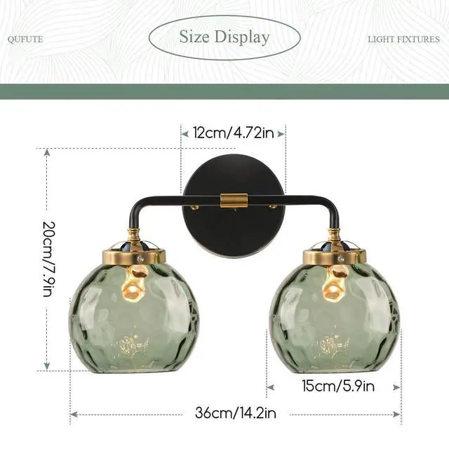 Alt view image 2 of 7 - 2-Lights Mid Century Wall Light Green Glass Bathroom Vanity Lights Fixtures with Globe Textured Glass Shade Vintage Wall Sconce Black Vanity Lighting Fixture for Over Mirror Hallway