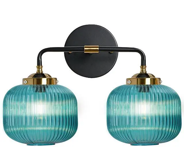Main image of Bathroom Mirror Vanity Light Fixture 2 Lights Blue Globe Shade Vintage Glass Wall Light fixtures Black Gold Bathroom Lights Modern Retro Wall Sconce for Above Kitchen Sink Bedroom