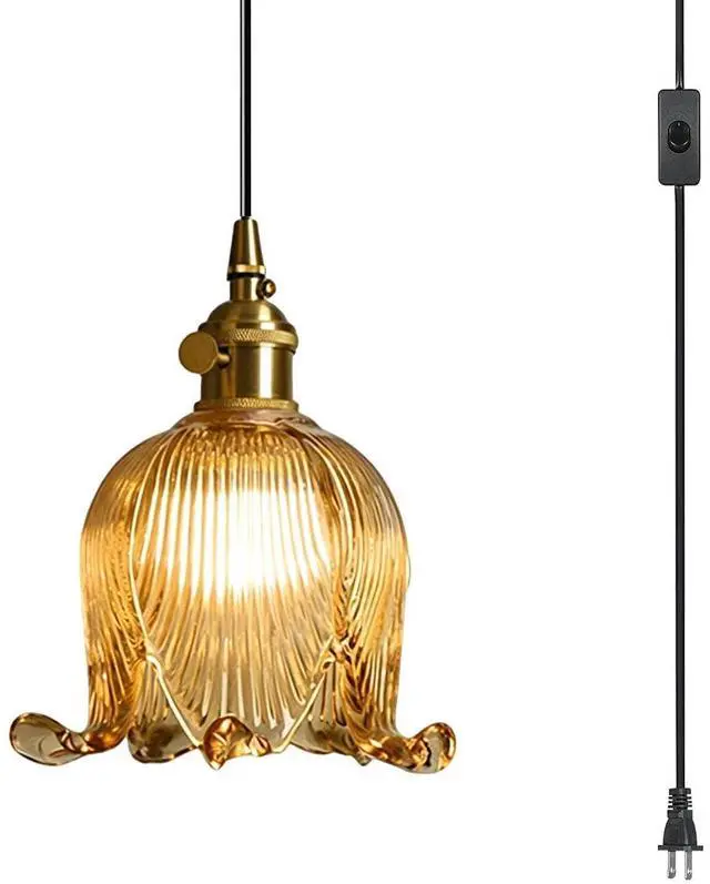 Main image of Plug in Hanging Light Fixture Mid Century Glass Hanging Lights Flower Shaped Amber Plug Pendant Lamp with 15 ft Switch Cord Plug in Pendant Light for Kitchen Bedroom Background
