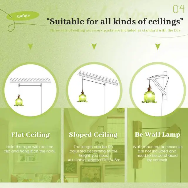 Alt view image 7 of 7 - Plug in Hanging Lamp Flower Hanging Light Fixiture Green Glass | Vintage Plug in Pendant Light Fixtures Gold Brass Finish with 14.7ft Plug in Cord E26 Base Kitchen Island Living Room