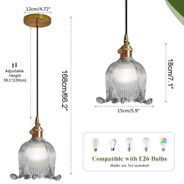 Alt view image 2 of 7 - 1-Light Flower Glass Pendant Light Smoke Gray Adjustable Cord Hanging Lighting Farmhouse Small Pendant Lights Fixture Gold Brass Finish 5.9Inch Flowers Glass Ceiling Lights Kitchen