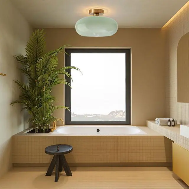 Alt view image 5 of 7 - Green Glass Flush Mount Ceiling Light Nordic Modern Ceiling Lights Large Round Milk Glass Shade Gold Brass Semi Flush Mount Ceiling Light for Kitchen Hallway Bedroom Overhead Light