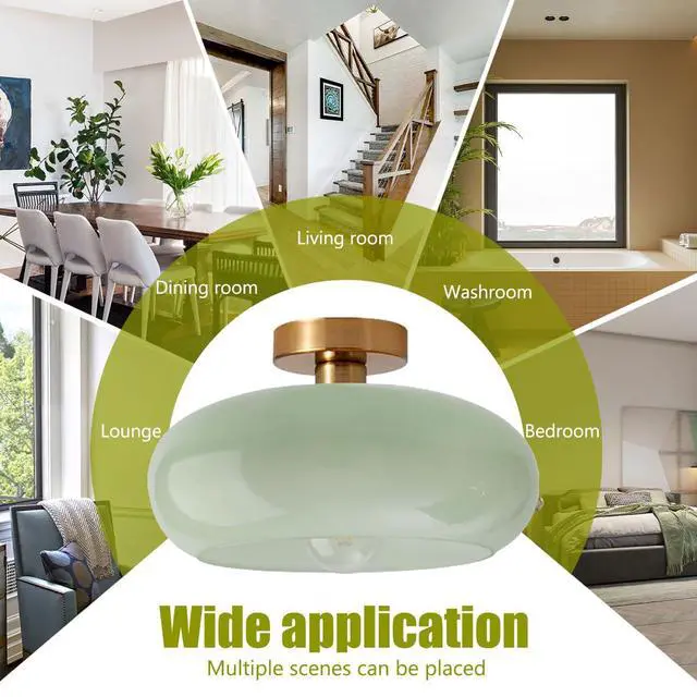 Alt view image 7 of 7 - Green Glass Flush Mount Ceiling Light Nordic Modern Ceiling Lights Large Round Milk Glass Shade Gold Brass Semi Flush Mount Ceiling Light for Kitchen Hallway Bedroom Overhead Light