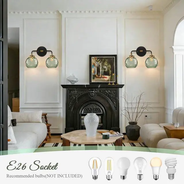 Alt view image 6 of 7 - 2-Lights Mid Century Wall Light Green Glass Bathroom Vanity Lights Fixtures with Globe Textured Glass Shade Vintage Wall Sconce Black Vanity Lighting Fixture for Over Mirror Hallway