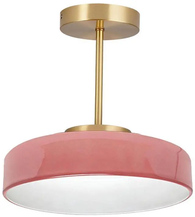 Main image of Pink Light Fixture Mid Century Modern Semi Flush Mount Ceiling Light 13.8 Inch Round Dome Glass Shade Brushed Gold Brass Close to Ceiling Lights Hallway Bedroom Overhead Lighting