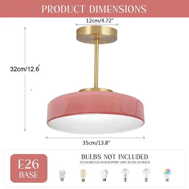 Alt view image 2 of 7 - Pink Light Fixture Mid Century Modern Semi Flush Mount Ceiling Light 13.8 Inch Round Dome Glass Shade Brushed Gold Brass Close to Ceiling Lights Hallway Bedroom Overhead Lighting