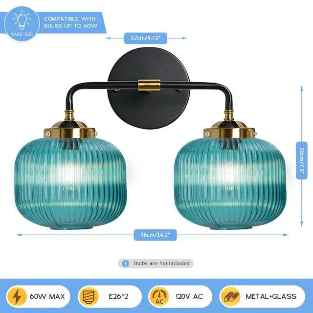 Alt view image 2 of 7 - Bathroom Mirror Vanity Light Fixture 2 Lights Blue Globe Shade Vintage Glass Wall Light fixtures Black Gold Bathroom Lights Modern Retro Wall Sconce for Above Kitchen Sink Bedroom