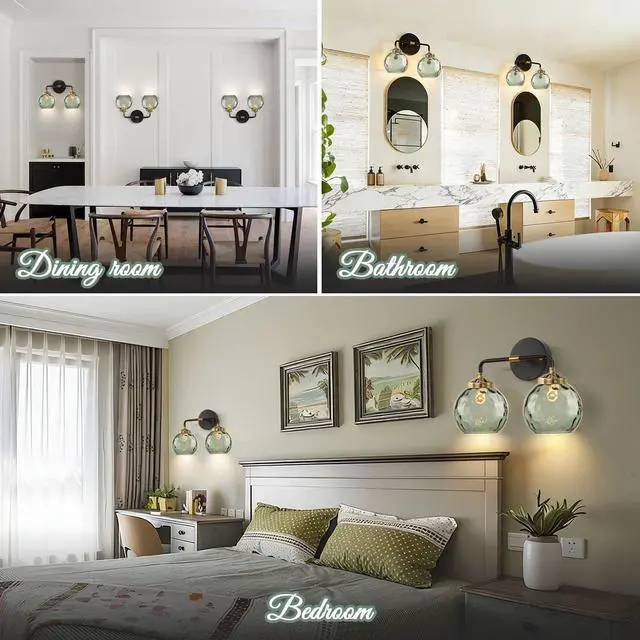 Alt view image 7 of 7 - 2-Lights Mid Century Wall Light Green Glass Bathroom Vanity Lights Fixtures with Globe Textured Glass Shade Vintage Wall Sconce Black Vanity Lighting Fixture for Over Mirror Hallway