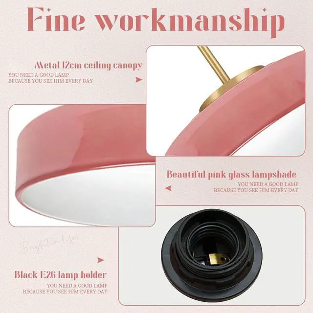 Alt view image 3 of 7 - Pink Light Fixture Mid Century Modern Semi Flush Mount Ceiling Light 13.8 Inch Round Dome Glass Shade Brushed Gold Brass Close to Ceiling Lights Hallway Bedroom Overhead Lighting