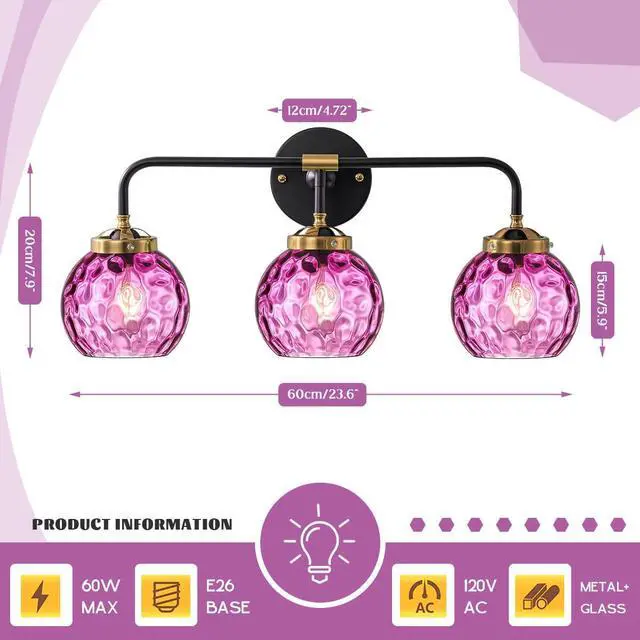Alt view image 2 of 7 - Purple Glass Sconces, Bathroom Vanity Light Fixture 3 Light Globe Wall Sconce Lights Bathroom Lamp Modern Wall Light Hammer Glass Shade Vanity Wall Sconce Over Mirror Hallway (3-Light)