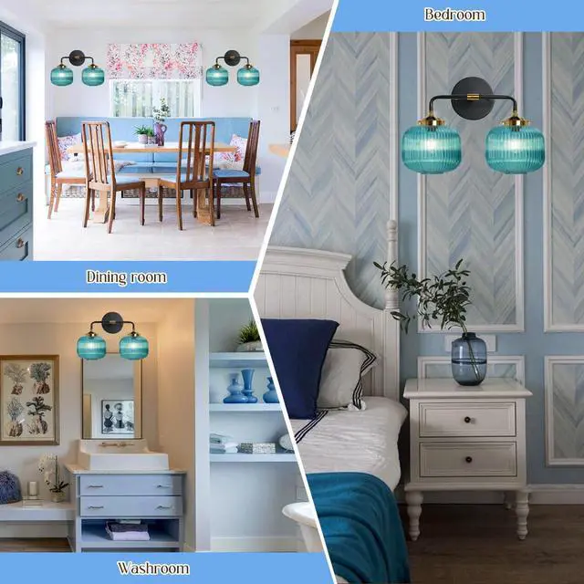 Alt view image 5 of 7 - Bathroom Mirror Vanity Light Fixture 2 Lights Blue Globe Shade Vintage Glass Wall Light fixtures Black Gold Bathroom Lights Modern Retro Wall Sconce for Above Kitchen Sink Bedroom