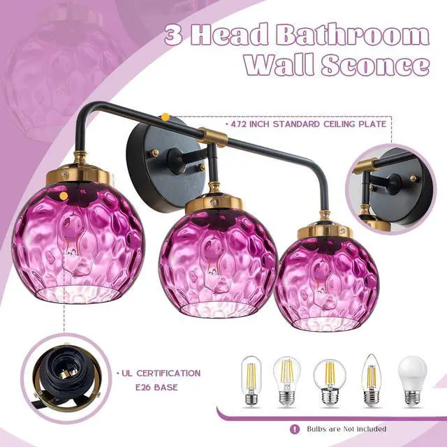 Alt view image 3 of 7 - Purple Glass Sconces, Bathroom Vanity Light Fixture 3 Light Globe Wall Sconce Lights Bathroom Lamp Modern Wall Light Hammer Glass Shade Vanity Wall Sconce Over Mirror Hallway (3-Light)