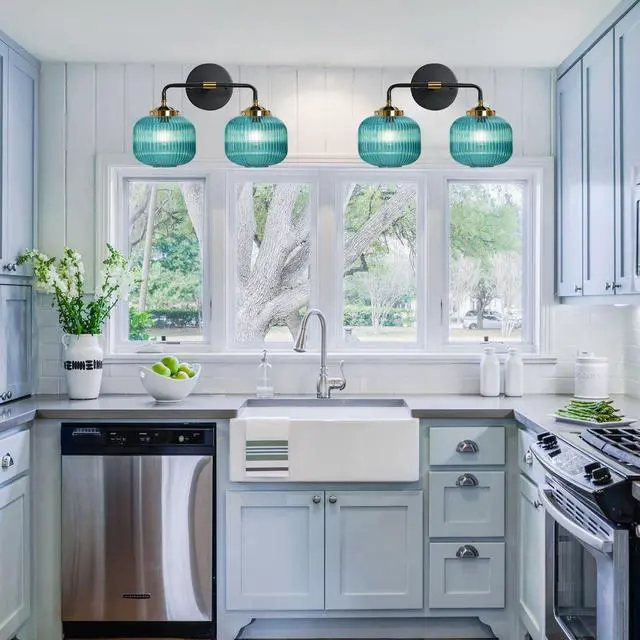 Alt view image 6 of 7 - Bathroom Mirror Vanity Light Fixture 2 Lights Blue Globe Shade Vintage Glass Wall Light fixtures Black Gold Bathroom Lights Modern Retro Wall Sconce for Above Kitchen Sink Bedroom
