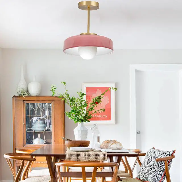 Alt view image 4 of 7 - Pink Light Fixture Mid Century Modern Semi Flush Mount Ceiling Light 13.8 Inch Round Dome Glass Shade Brushed Gold Brass Close to Ceiling Lights Hallway Bedroom Overhead Lighting