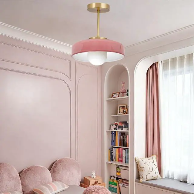 Alt view image 6 of 7 - Pink Light Fixture Mid Century Modern Semi Flush Mount Ceiling Light 13.8 Inch Round Dome Glass Shade Brushed Gold Brass Close to Ceiling Lights Hallway Bedroom Overhead Lighting