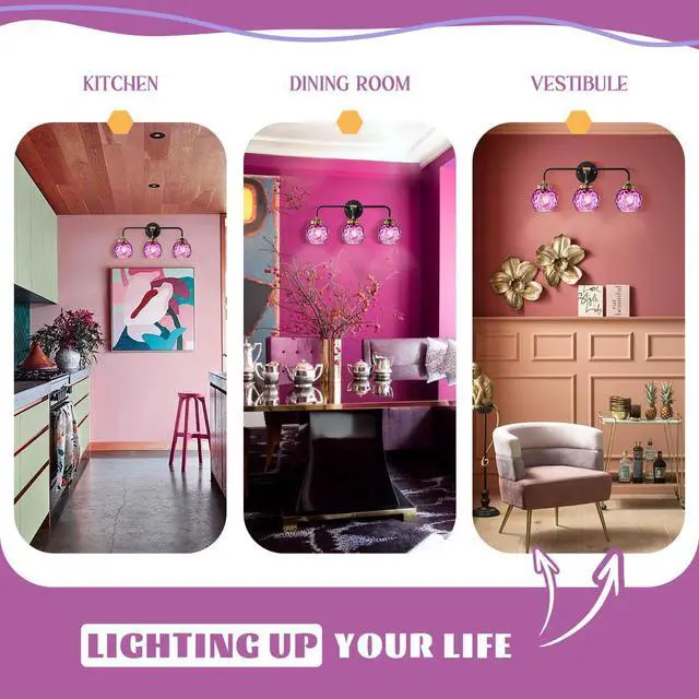 Alt view image 4 of 7 - Purple Glass Sconces, Bathroom Vanity Light Fixture 3 Light Globe Wall Sconce Lights Bathroom Lamp Modern Wall Light Hammer Glass Shade Vanity Wall Sconce Over Mirror Hallway (3-Light)