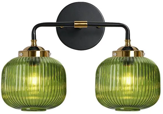 Main image of 2-Lights Globe Wall Sconce Bathroom Light fixtures Vanity Lamp Mid Century Modern Wall Lights with Green Striped Glass Shade Vintage Vanity Lights for Over Mirror Hallway Overhead