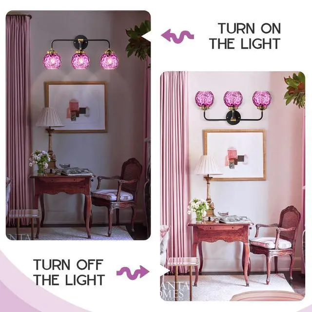 Alt view image 5 of 7 - Purple Glass Sconces, Bathroom Vanity Light Fixture 3 Light Globe Wall Sconce Lights Bathroom Lamp Modern Wall Light Hammer Glass Shade Vanity Wall Sconce Over Mirror Hallway (3-Light)