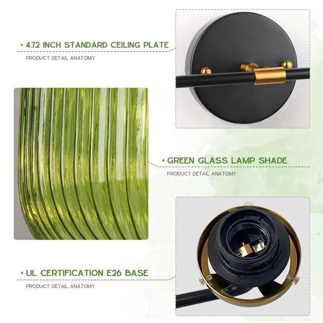 Alt view image 3 of 7 - 2-Lights Globe Wall Sconce Bathroom Light fixtures Vanity Lamp Mid Century Modern Wall Lights with Green Striped Glass Shade Vintage Vanity Lights for Over Mirror Hallway Overhead