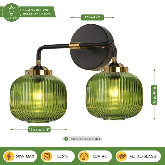 Alt view image 2 of 7 - 2-Lights Globe Wall Sconce Bathroom Light fixtures Vanity Lamp Mid Century Modern Wall Lights with Green Striped Glass Shade Vintage Vanity Lights for Over Mirror Hallway Overhead