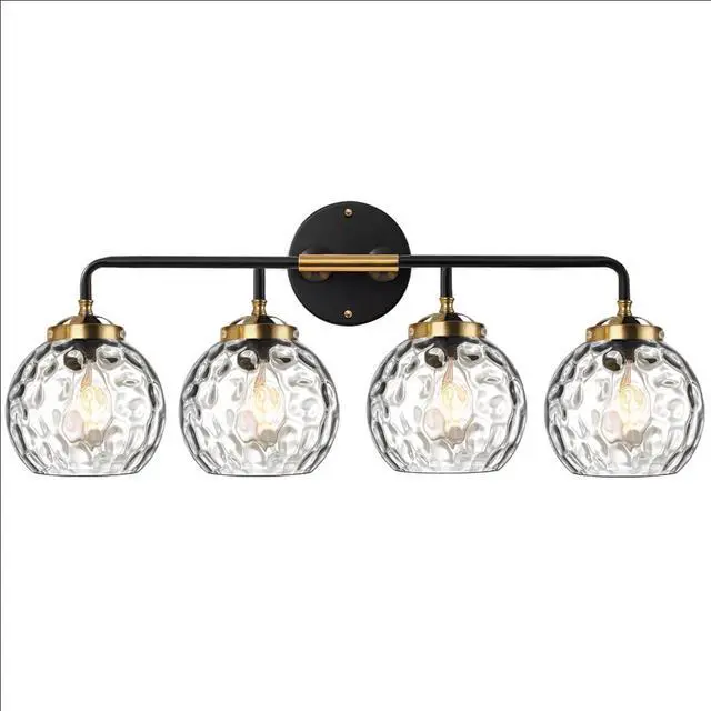 Main image of Gold Bathroom Light Fixtures 4 Bulbs Clear Globe Shade MCM Vintage 4 Light Black Over Mirror Vanity Lighting Fixture Funky Bathroom Vanity Lights Hallway Shower Room Wall Mounted Light