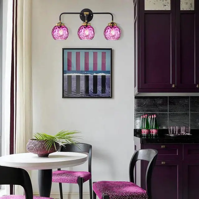 Alt view image 6 of 7 - Purple Glass Sconces, Bathroom Vanity Light Fixture 3 Light Globe Wall Sconce Lights Bathroom Lamp Modern Wall Light Hammer Glass Shade Vanity Wall Sconce Over Mirror Hallway (3-Light)