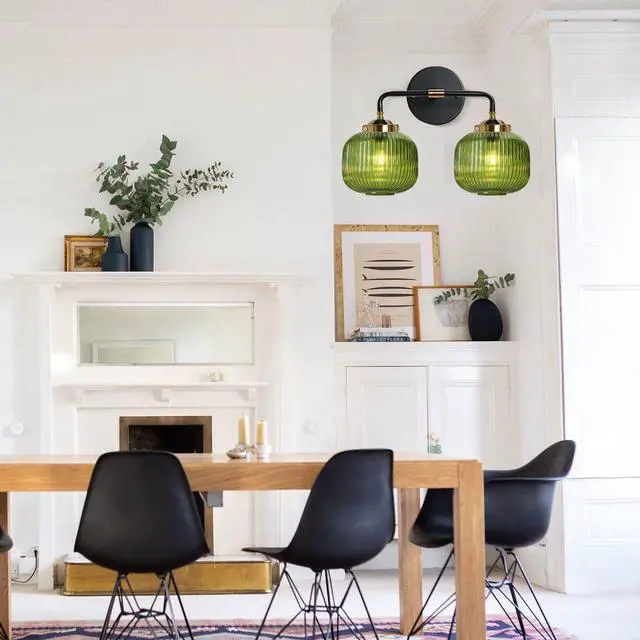 Alt view image 4 of 7 - 2-Lights Globe Wall Sconce Bathroom Light fixtures Vanity Lamp Mid Century Modern Wall Lights with Green Striped Glass Shade Vintage Vanity Lights for Over Mirror Hallway Overhead