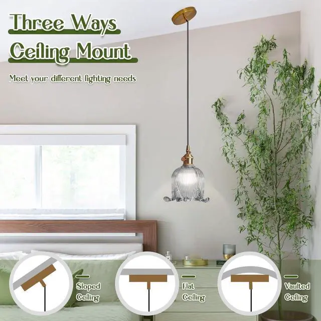 Alt view image 5 of 7 - 1-Light Flower Glass Pendant Light Smoke Gray Adjustable Cord Hanging Lighting Farmhouse Small Pendant Lights Fixture Gold Brass Finish 5.9Inch Flowers Glass Ceiling Lights Kitchen