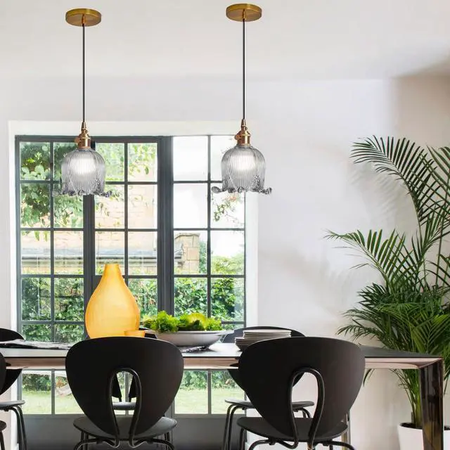 Alt view image 6 of 7 - 1-Light Flower Glass Pendant Light Smoke Gray Adjustable Cord Hanging Lighting Farmhouse Small Pendant Lights Fixture Gold Brass Finish 5.9Inch Flowers Glass Ceiling Lights Kitchen