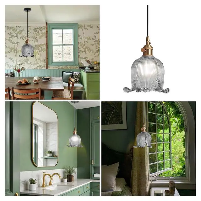 Alt view image 7 of 7 - 1-Light Flower Glass Pendant Light Smoke Gray Adjustable Cord Hanging Lighting Farmhouse Small Pendant Lights Fixture Gold Brass Finish 5.9Inch Flowers Glass Ceiling Lights Kitchen