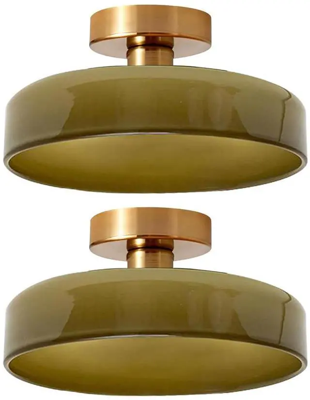 Main image of Flush Mount Ceiling Light Fixture Gold Brass Close to Ceiling Lamp with Round Dome Green Shade Mid Century Semi Flush Mount Lights Modern Glass Hallway Light for Kitchen Entryway