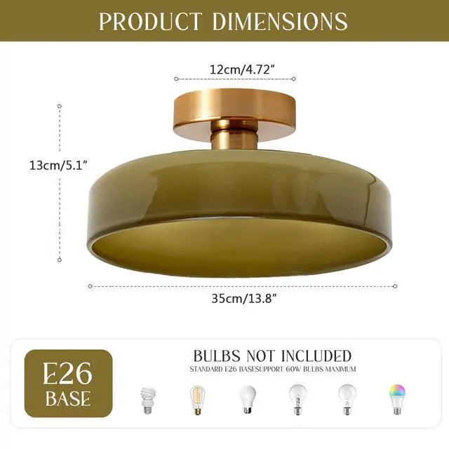Alt view image 2 of 7 - Flush Mount Ceiling Light Fixture Gold Brass Close to Ceiling Lamp with Round Dome Green Shade Mid Century Semi Flush Mount Lights Modern Glass Hallway Light for Kitchen Entryway