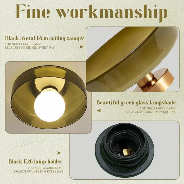 Alt view image 3 of 7 - Flush Mount Ceiling Light Fixture Gold Brass Close to Ceiling Lamp with Round Dome Green Shade Mid Century Semi Flush Mount Lights Modern Glass Hallway Light for Kitchen Entryway