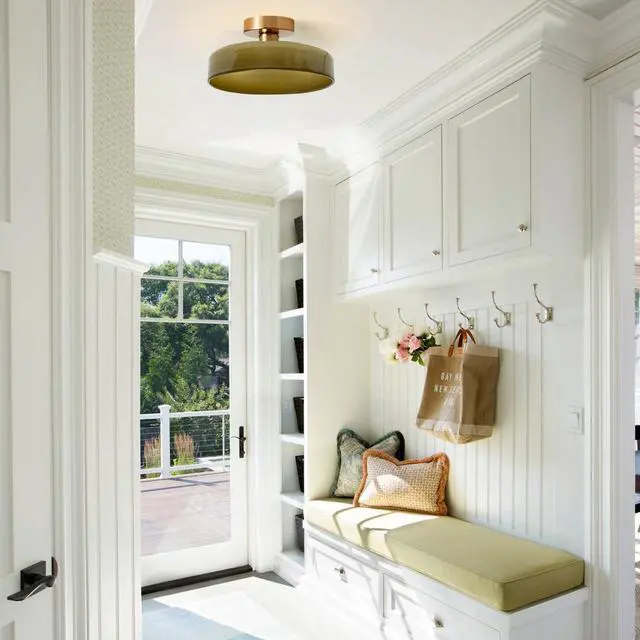Alt view image 6 of 7 - Flush Mount Ceiling Light Fixture Gold Brass Close to Ceiling Lamp with Round Dome Green Shade Mid Century Semi Flush Mount Lights Modern Glass Hallway Light for Kitchen Entryway