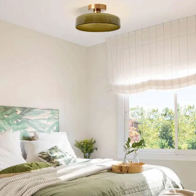 Alt view image 7 of 7 - Flush Mount Ceiling Light Fixture Gold Brass Close to Ceiling Lamp with Round Dome Green Shade Mid Century Semi Flush Mount Lights Modern Glass Hallway Light for Kitchen Entryway