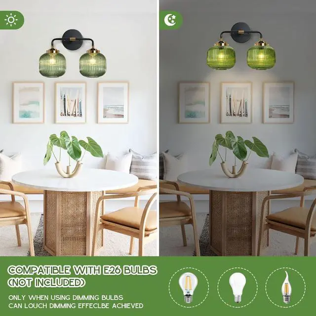 Alt view image 5 of 7 - 2-Lights Globe Wall Sconce Bathroom Light fixtures Vanity Lamp Mid Century Modern Wall Lights with Green Striped Glass Shade Vintage Vanity Lights for Over Mirror Hallway Overhead