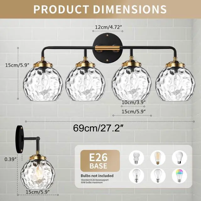 Alt view image 2 of 7 - Gold Bathroom Light Fixtures 4 Bulbs Clear Globe Shade MCM Vintage 4 Light Black Over Mirror Vanity Lighting Fixture Funky Bathroom Vanity Lights Hallway Shower Room Wall Mounted Light